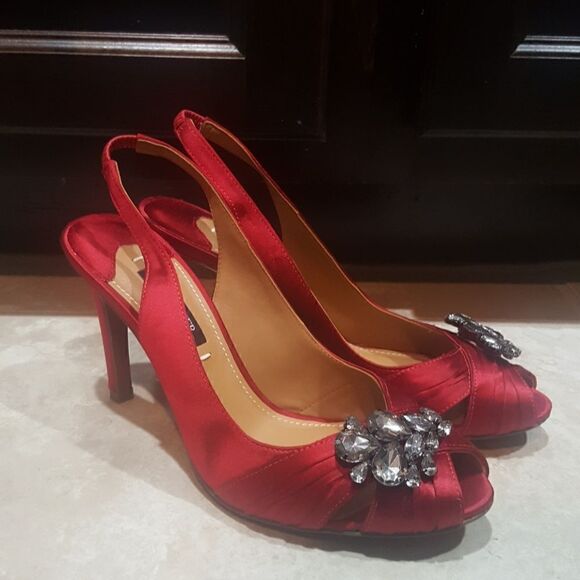 KAY UNGER Red Satin Sling Heels BLING - Size 7M - Picture 1 of 7